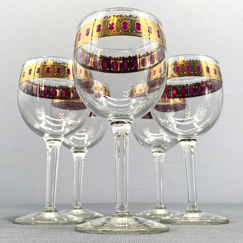 VTG Culver Cranberry Scroll 22K Gold Wine Glasses Set of 5 Barware 60s Ruby Red